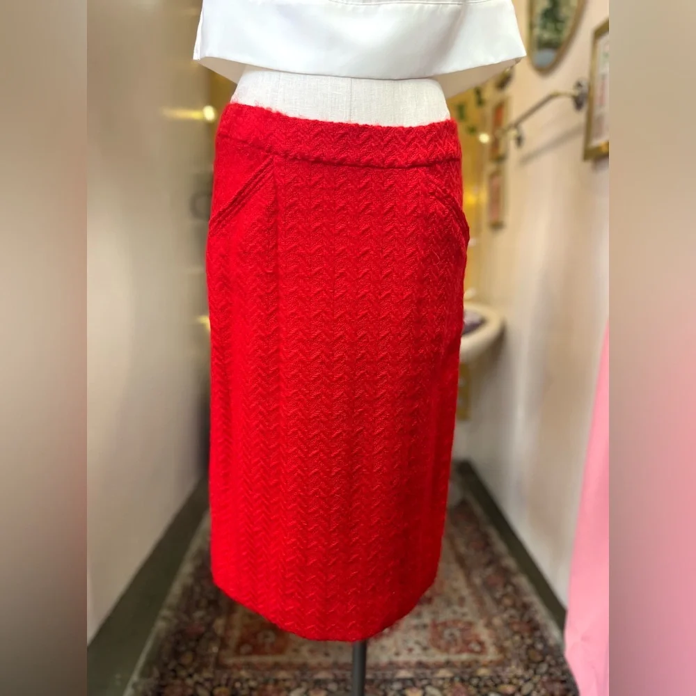 Vintage Chanel Boutique Red Herringbone Wool Suit Jacket and Skirt Set / Size 40
